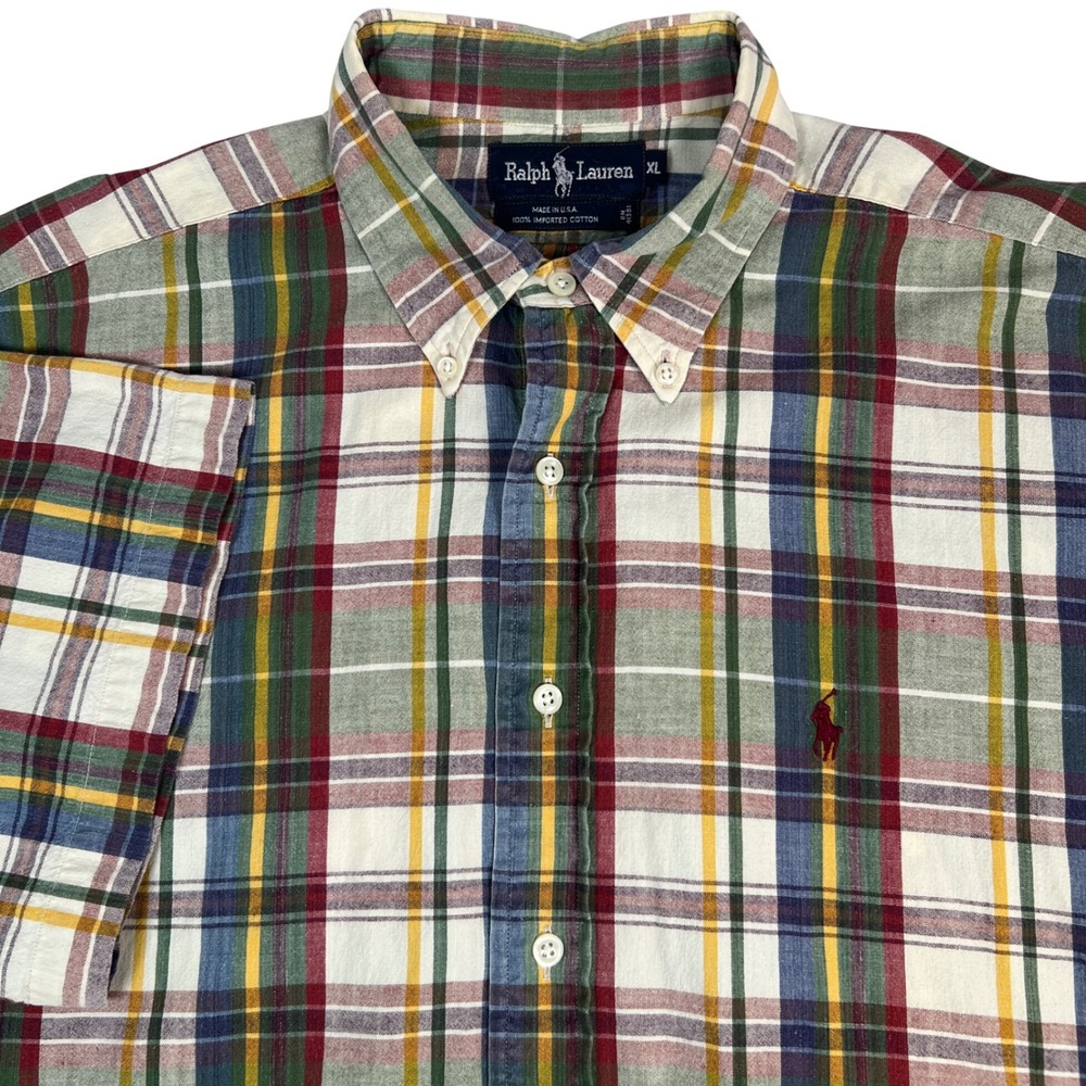 VTG Ralph Lauren XL Plaid Button Down Shirt Mens SS Multi Color Pony Logo USA